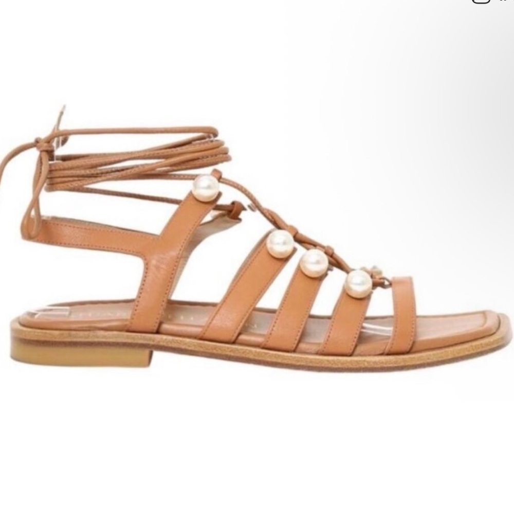 Stuart Weitzman Goldie Leather Gladiator Sandals with Pearl Accents - 7.5